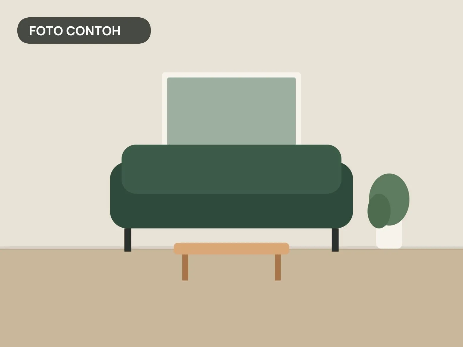 Ruang tamu bernuansa hijau dengan sofa dan meja kopi kayu berkaki ramping