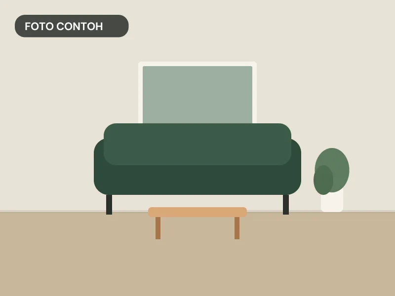 Ruang tamu bernuansa hijau dengan sofa dan meja kopi kayu berkaki ramping