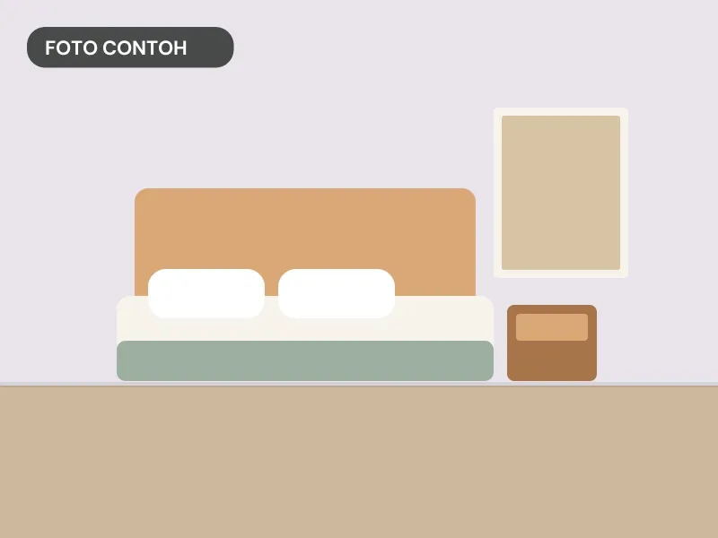 Kamar tidur dengan headboard kayu, bantal putih, dan nakas berlaci