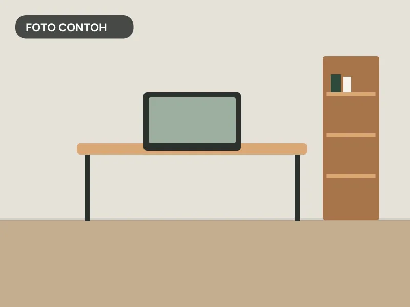 Ruang kerja dengan meja berkaki besi, monitor, dan rak buku kayu tinggi